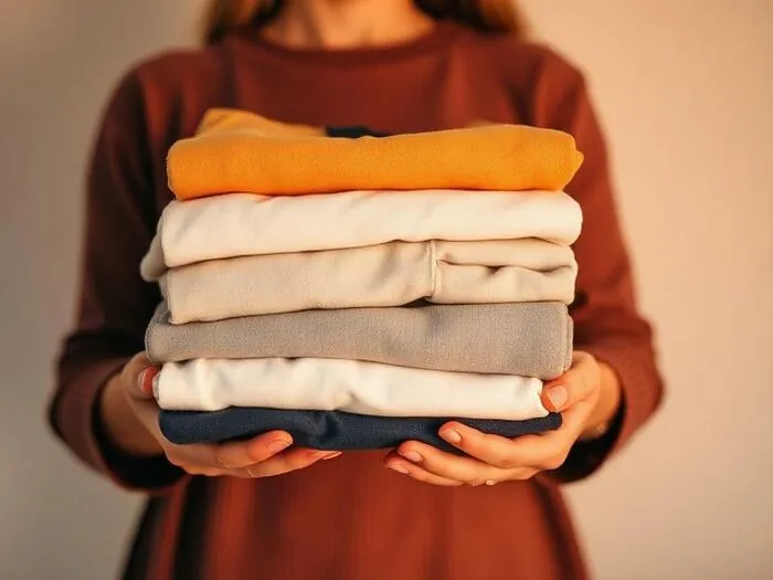 A person holding a stack of folded clothing.
