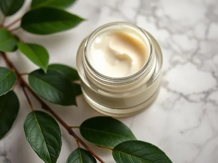 An open jar of cream beside green leaves on a marble surface.