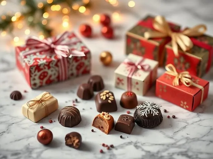 Chocolates and small wrapped gift boxes arranged for the holidays.