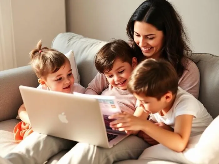 A mother and three children looking at a laptop on a sofa.