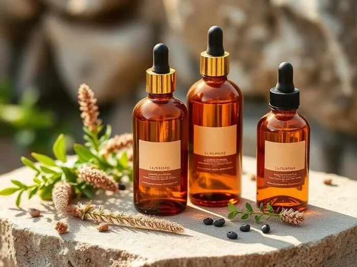 Three amber dropper bottles surrounded by herbs and flowers.